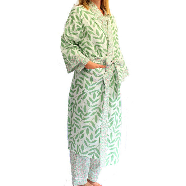 NEW Full Length Cotton Kimono - Large Leaf Green