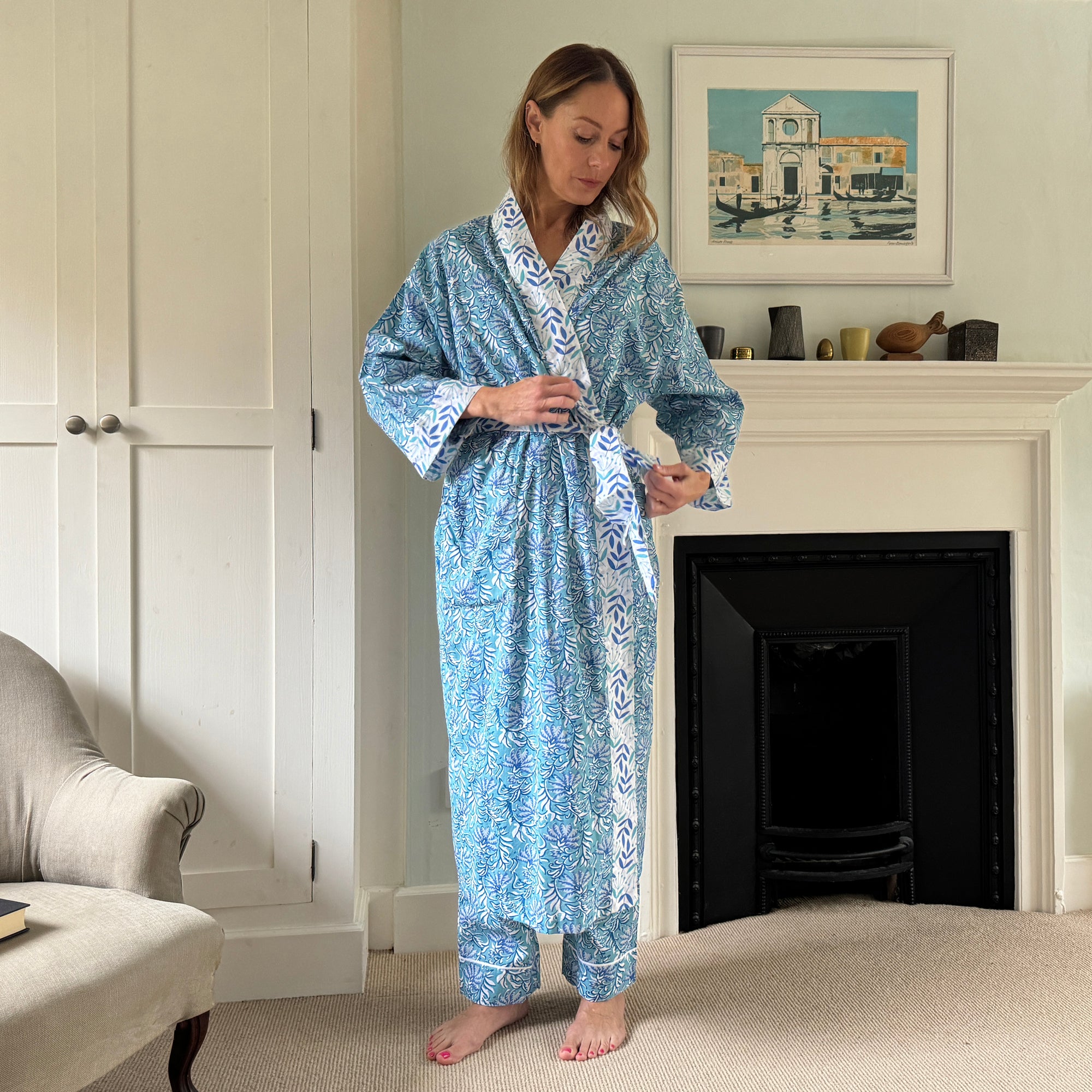 Full Length Cotton Kimono - Jaipur Turquoise & Blue