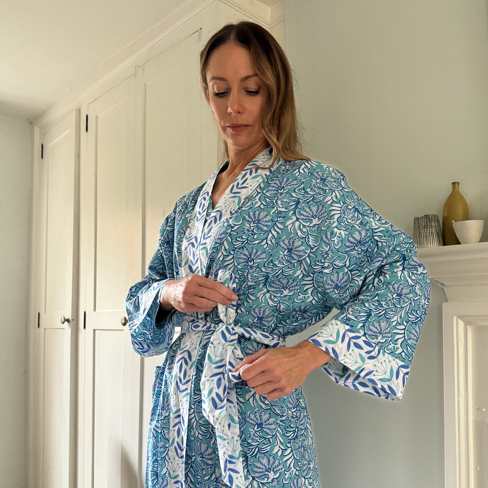 Full Length Cotton Kimono - Jaipur Turquoise & Blue