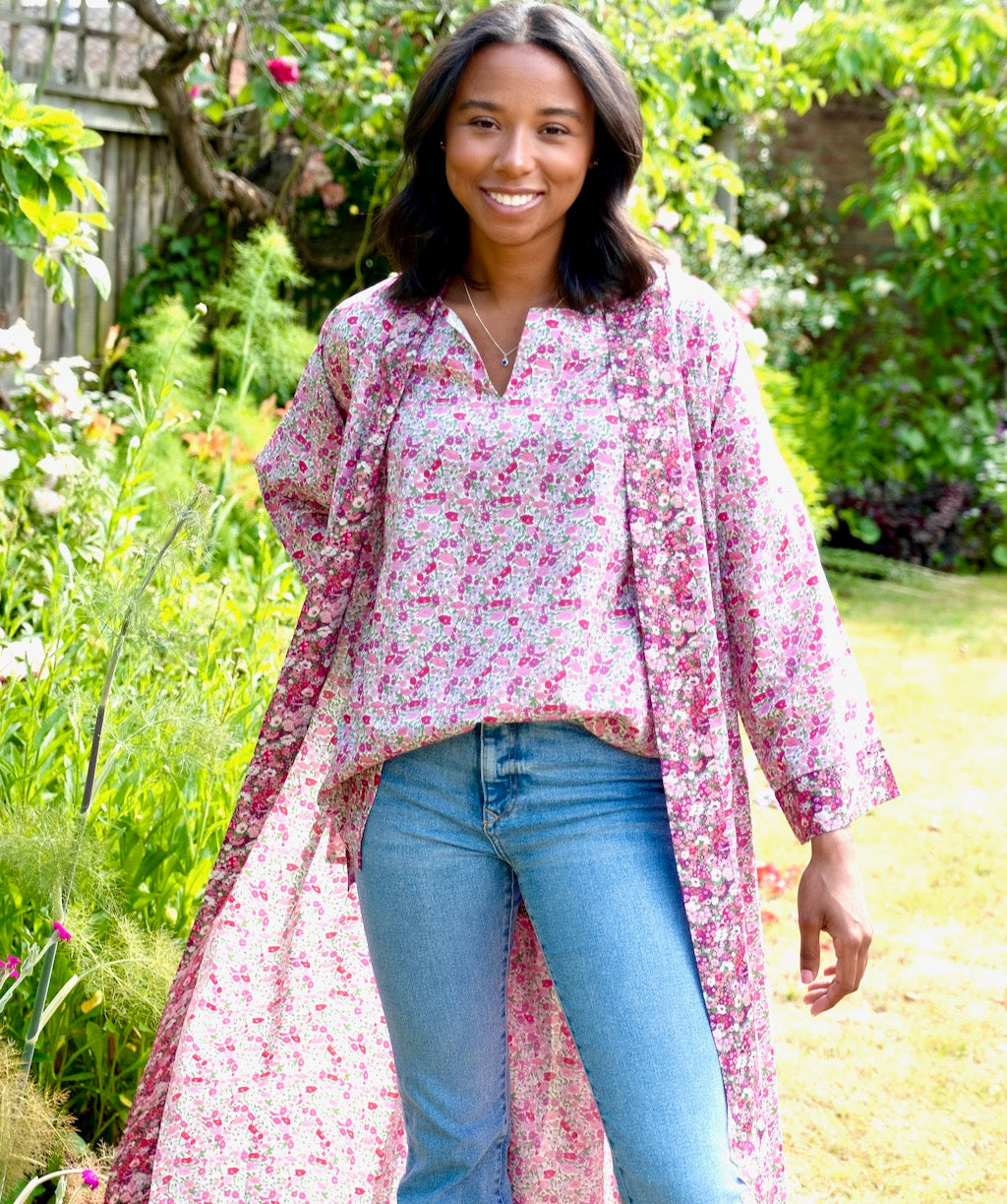 Long Kimono Robe: Poppy Forest Pink - Made with Liberty Fabric