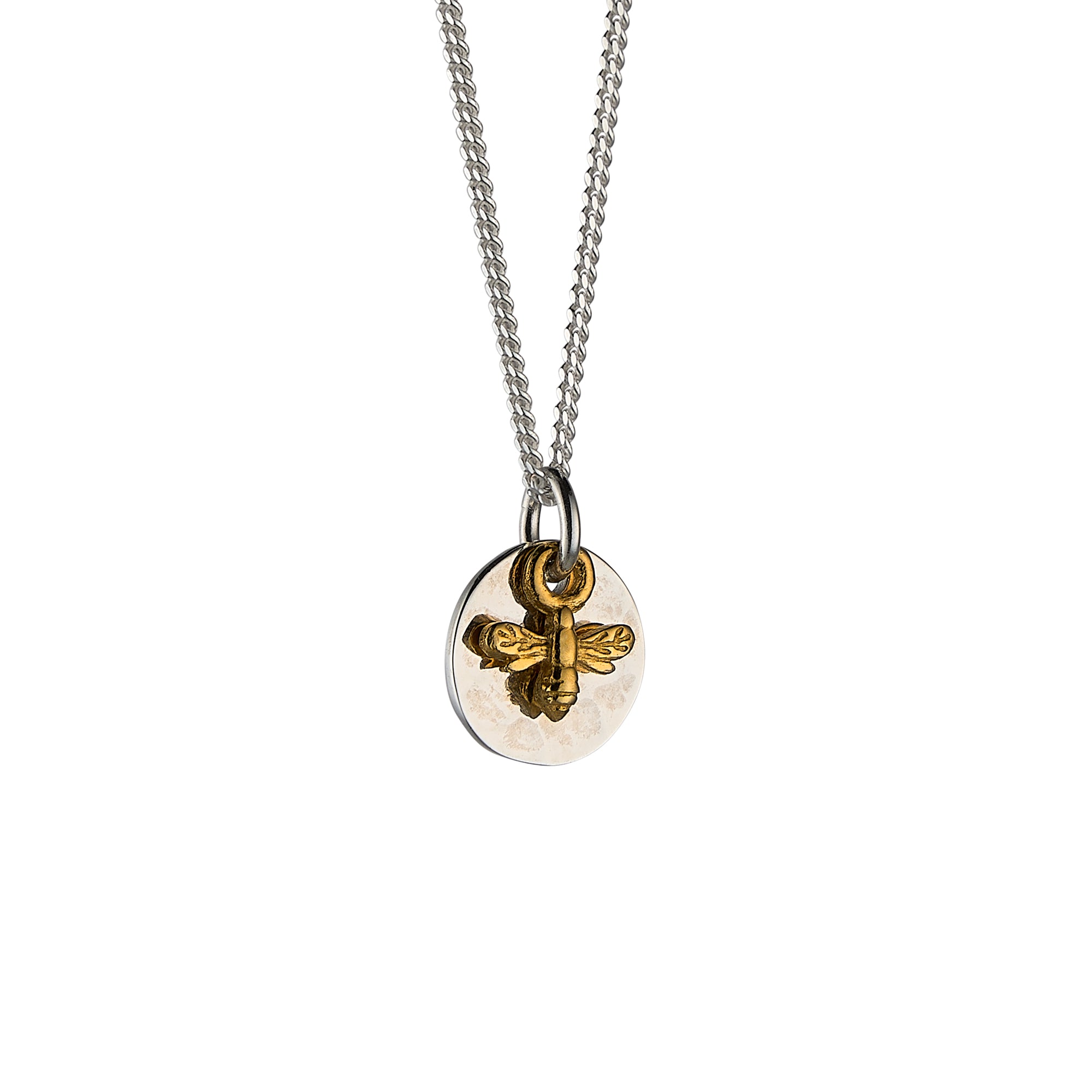 Mini Hammered Disc with Bee Necklace Sterling Silver and Gold Vermeil