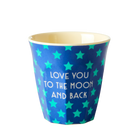 Blue cup with star pattern and 'Love you to the moon and back' text on a white background