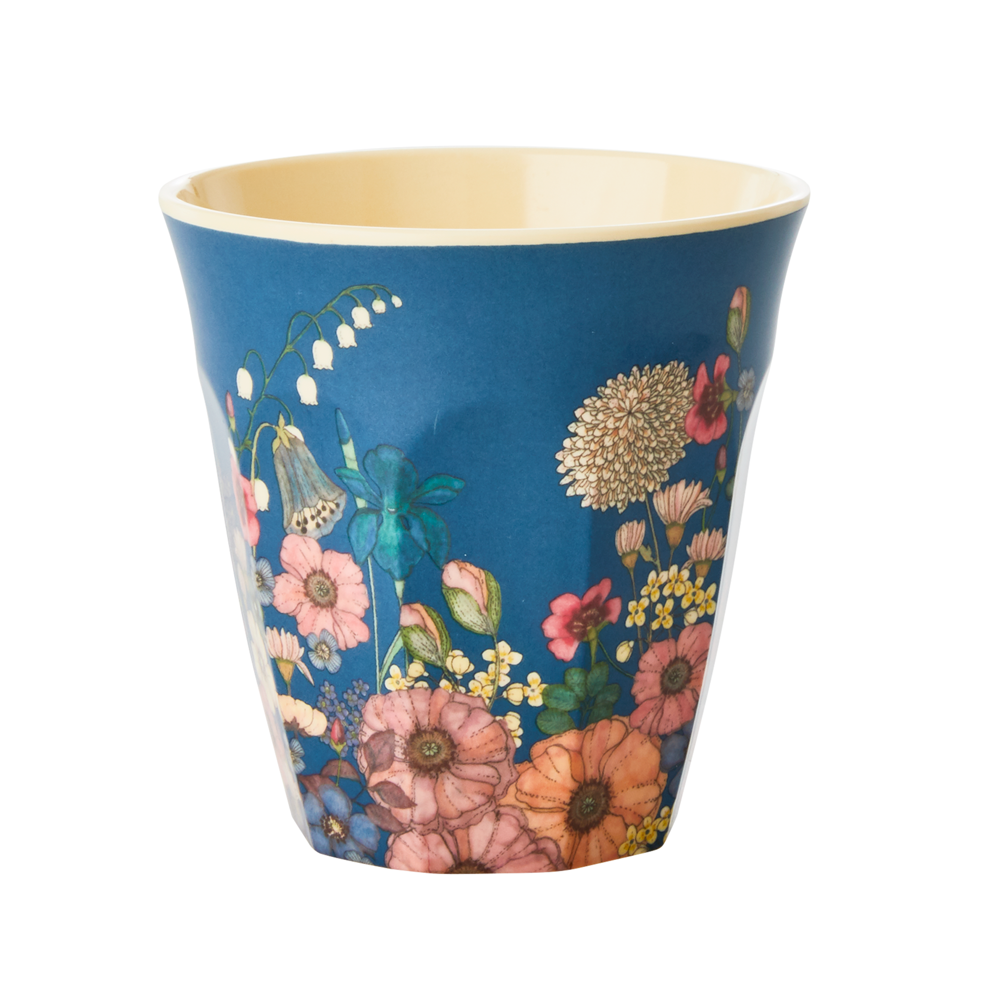 Blue cup with floral design on a white background
