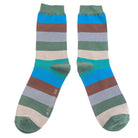A pair of crew socks with horizontal stripes in sage green, teal, brown, light gray, and cream, displayed against a plain white background.