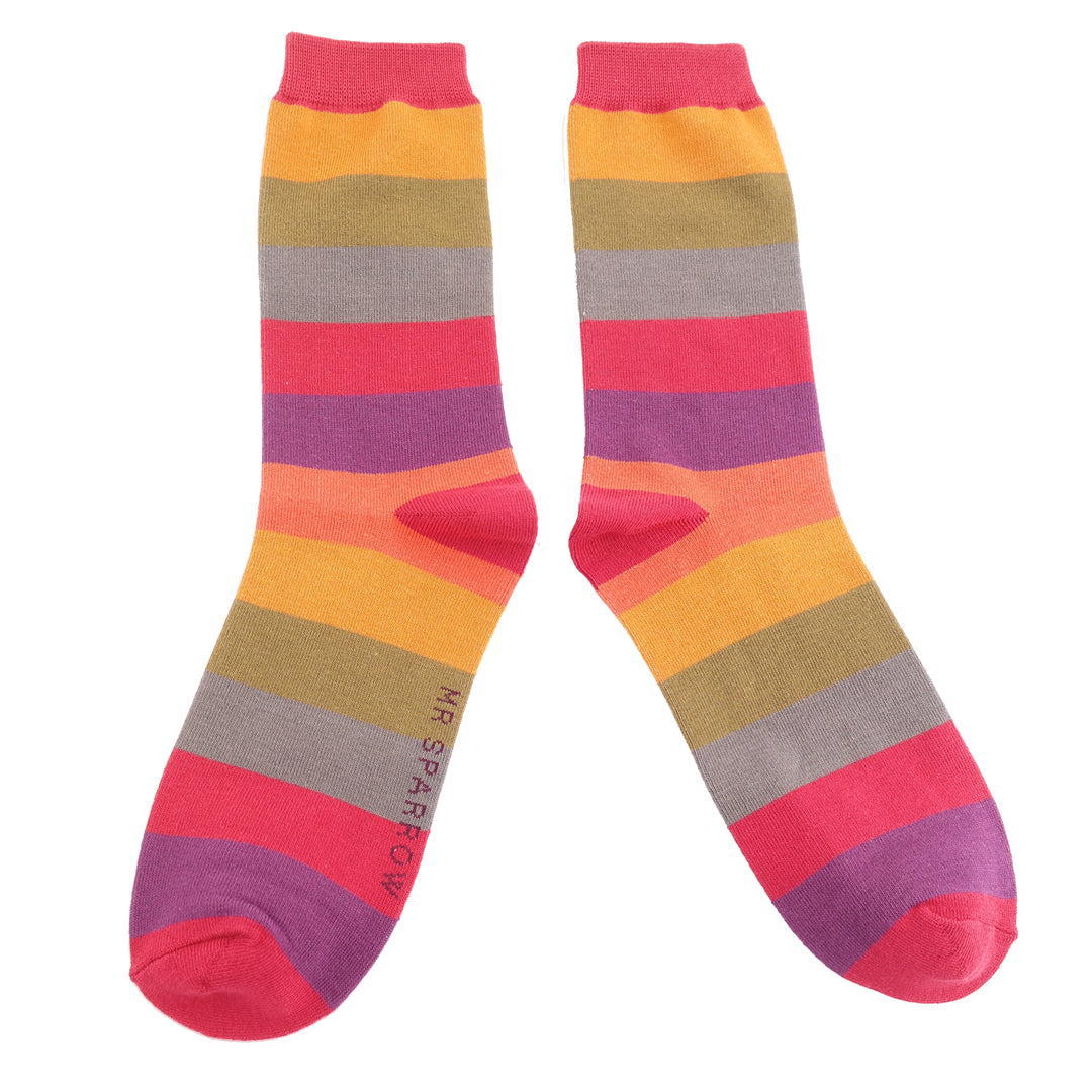 A pair of crew socks with horizontal stripes in pink, orange, purple, gray, and olive green, displayed against a plain white background. The brand name 'MR SPARROW' is printed vertically on the sole of one sock.
