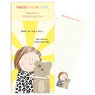 Magnetic shopping list with illustration of a woman hugging a dog on a yellow background