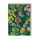 Greeting card with floral botanical design on a green background. Reads ‘HAPPY BIRTHDAY’ in gold.