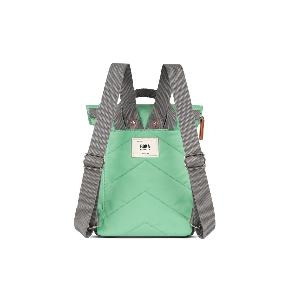 Back view of a green backpack with grey straps on a white background showing padded back and adjustable straps