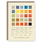 Greetings card with a colour swatch chart with text on a beige background.