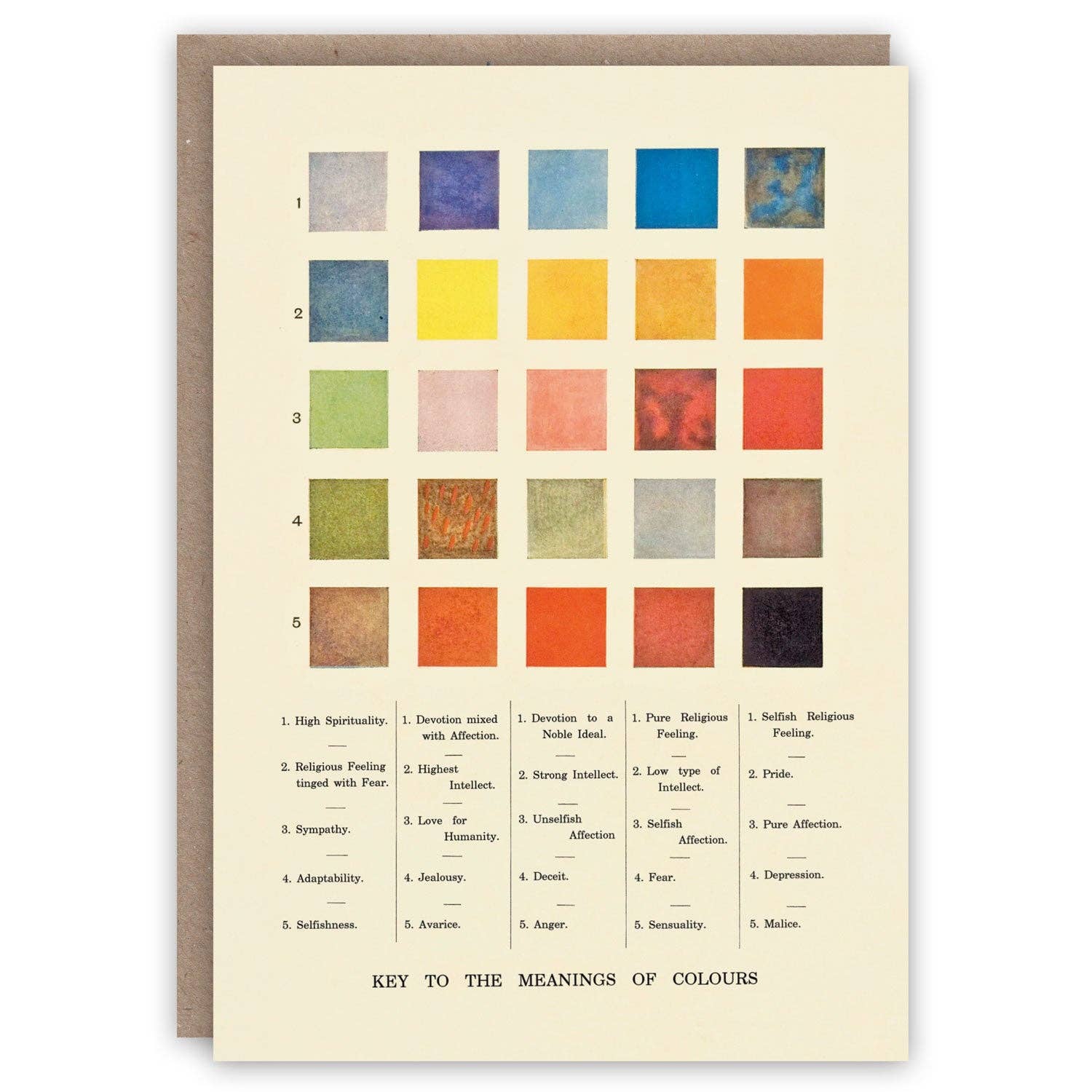 Greetings card with a colour swatch chart with text on a beige background.
