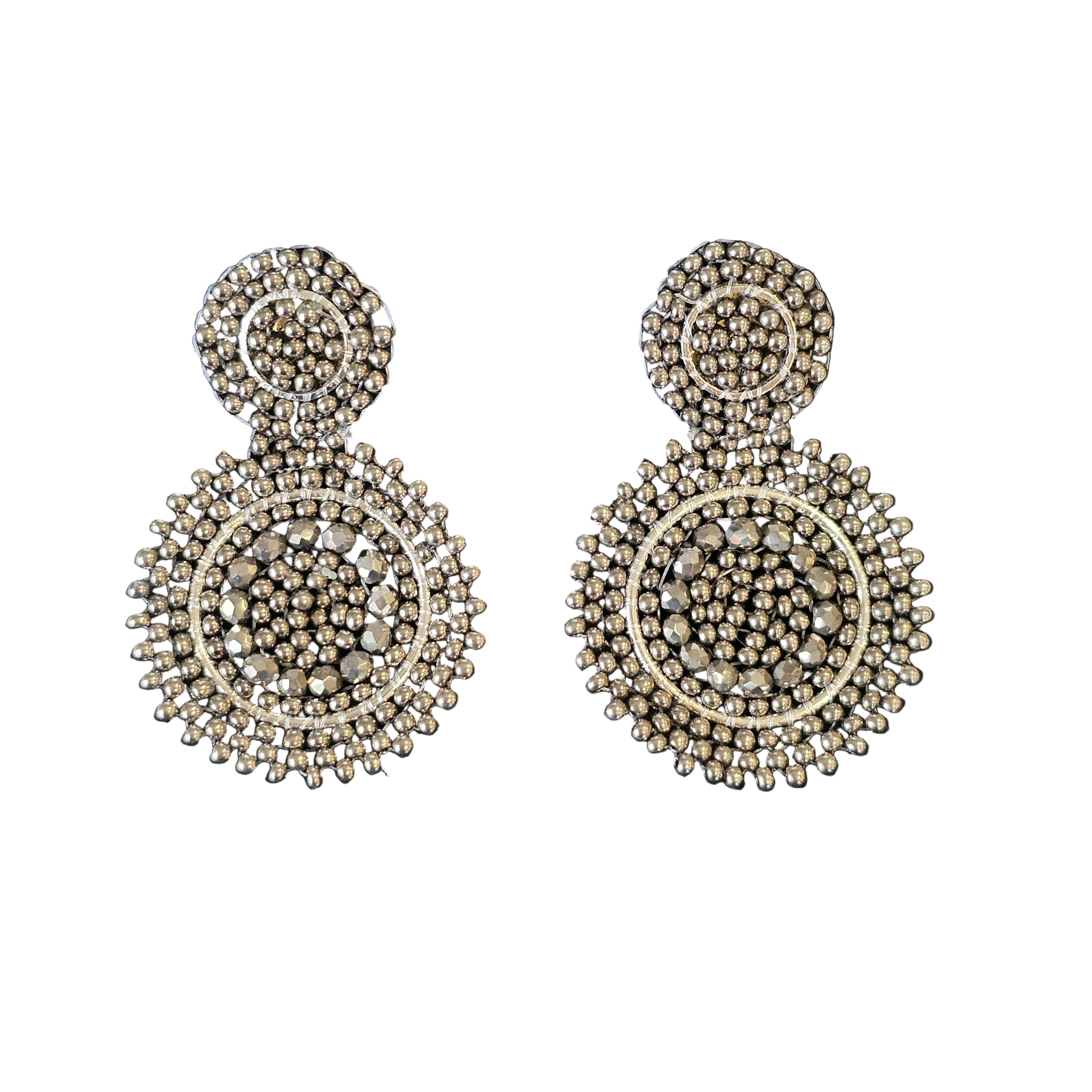 Pair of hematite beaded earrings on a white background