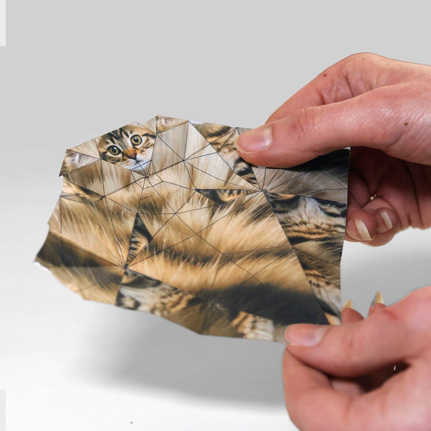 Hands holding an origami paper sheet, showing the design of the paper and the fold lines.