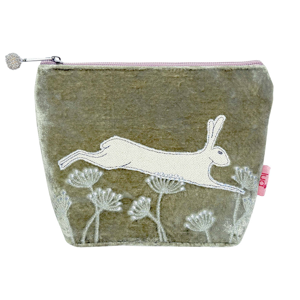 Fennel Green Velvet Cosmetic Purse: Leaping Hare