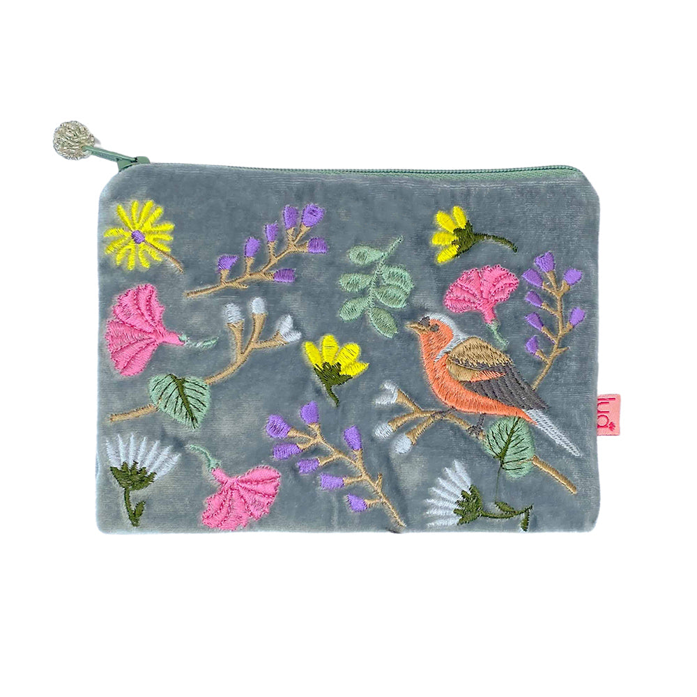 Velvet Coin Purse Pale Blue Finch & Flowers