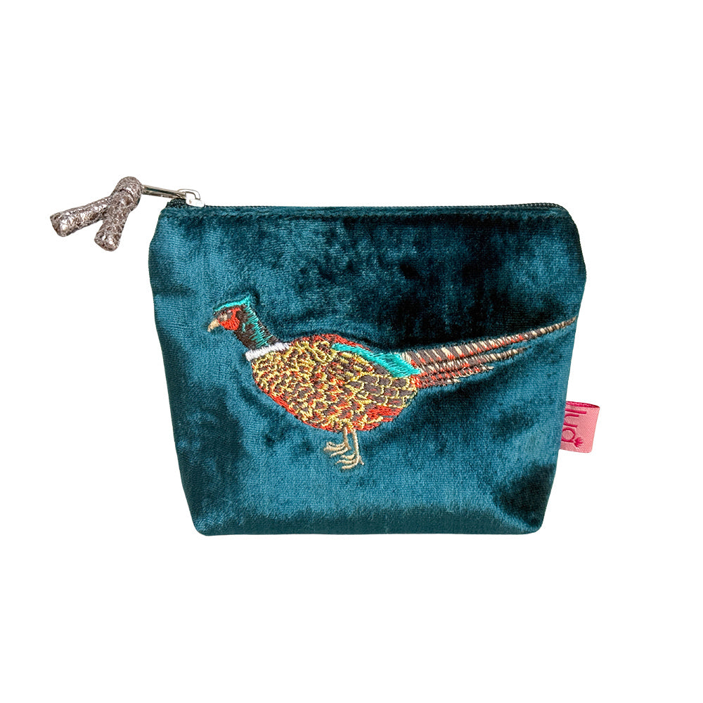 A teal velvet zippered pouch featuring an embroidered pheasant bird with a multicolored patterned body, set against a plain white background.