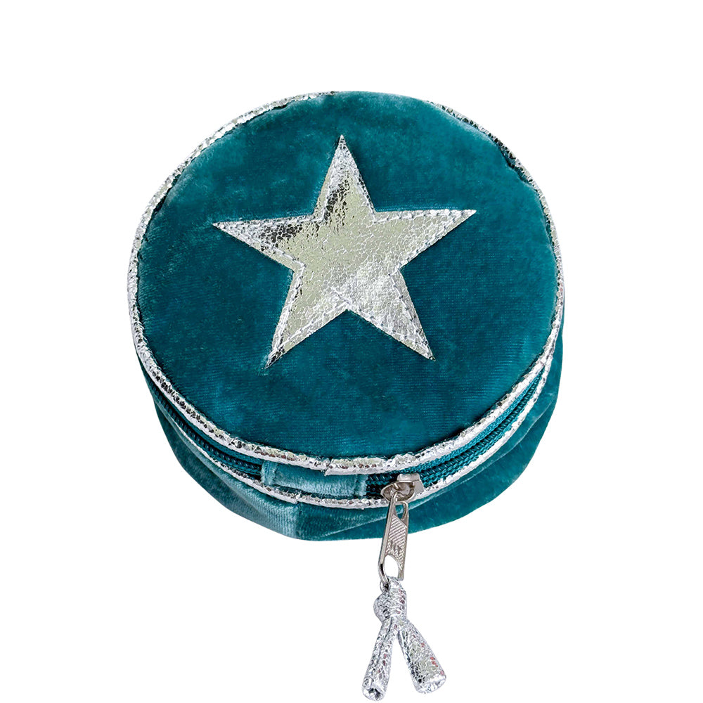 Round teal jewelry box with a silver star on a white background