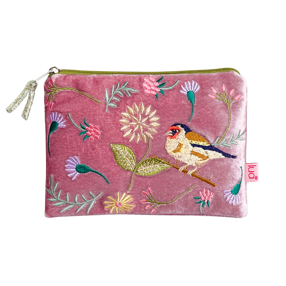 Pink pouch with embroidered bird and floral design on a white background