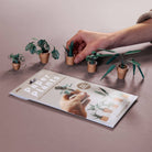 Hand interacting with small potted paper plants on a table next to packaging reading 'Paper Plants', arranged on a light brown background.