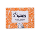 Pigeon letter writing kit packaging with orange and white design on a gray background