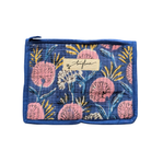 Floral-patterned pouch with a brand label on a white background