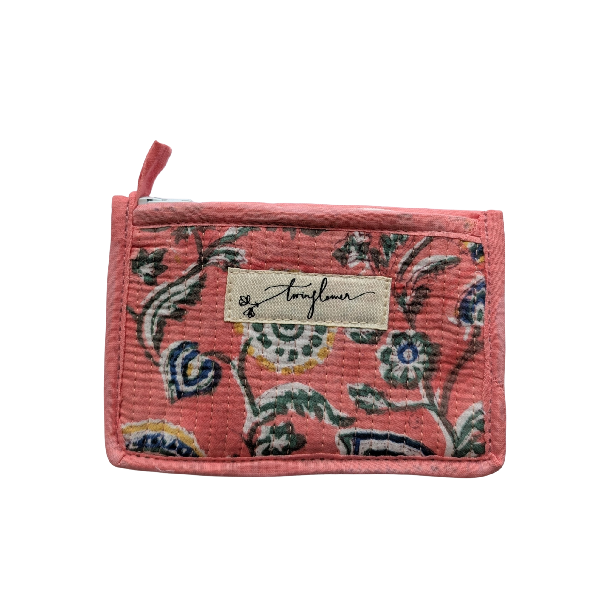 Floral patterned pouch with a brand label on a white background