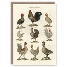 Card with illustrations of various poultry breeds on a white background