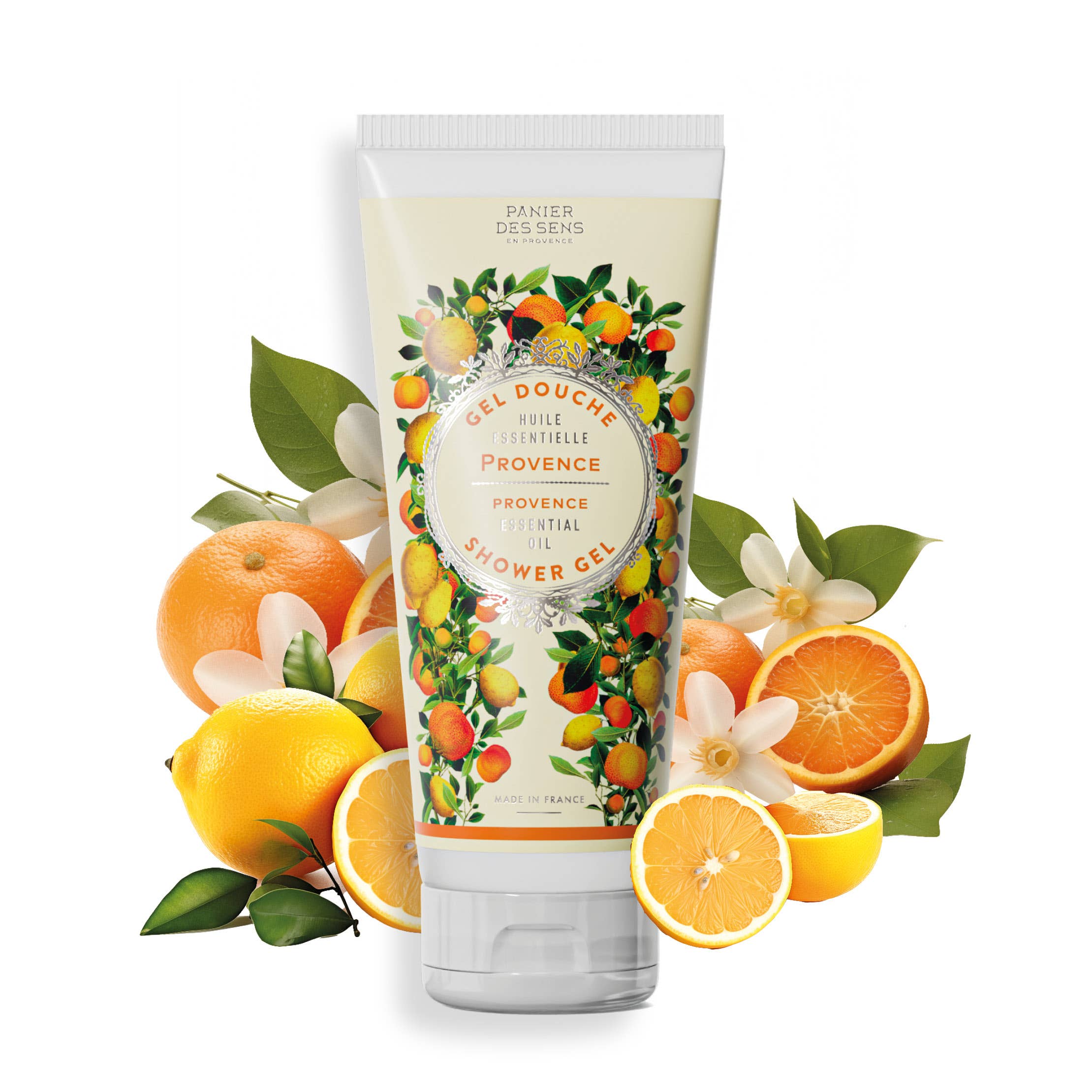 Tube of shower gel with floral design and oranges, lemons, and flowers on a white background