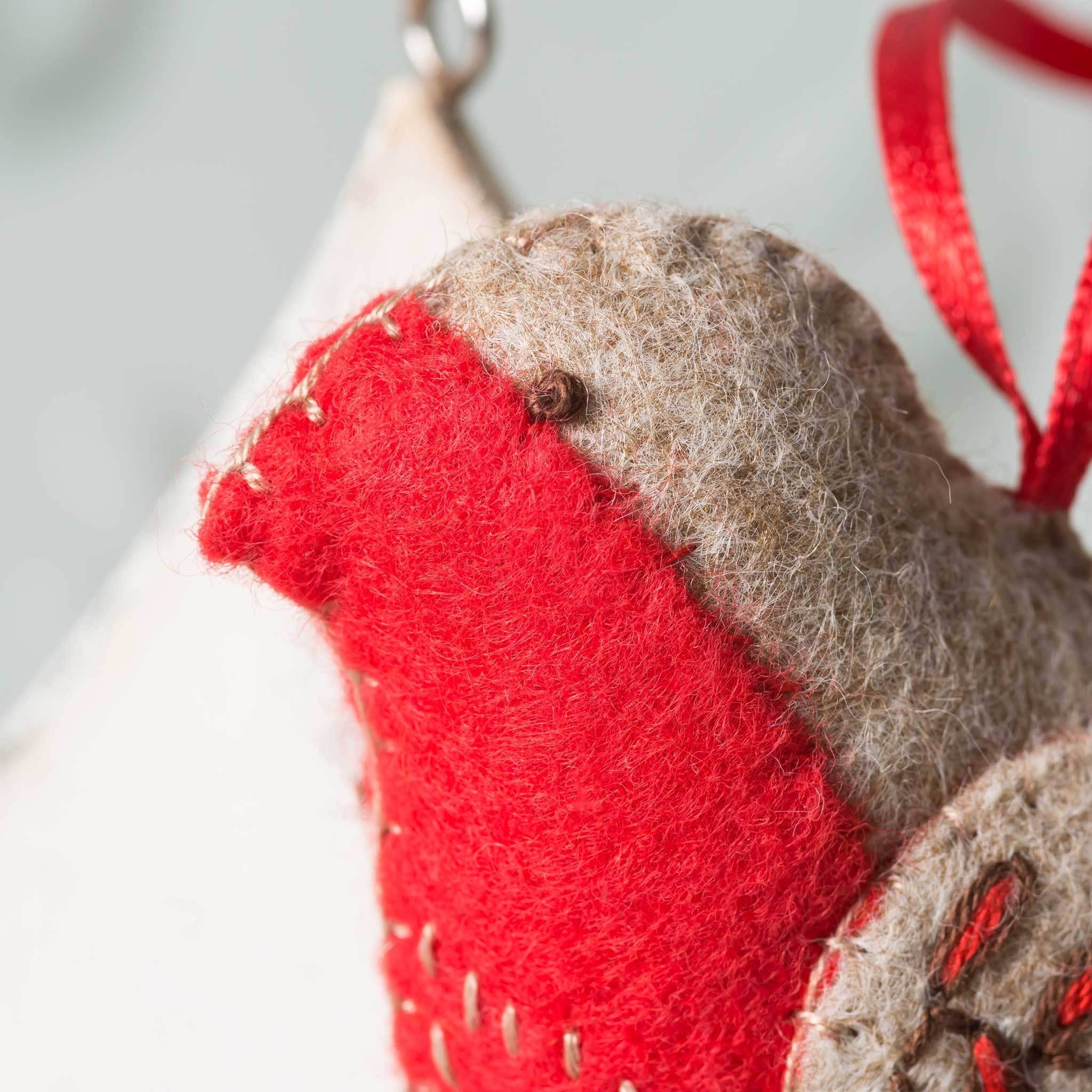 Detail of felt robin’s face fabrics and stitching