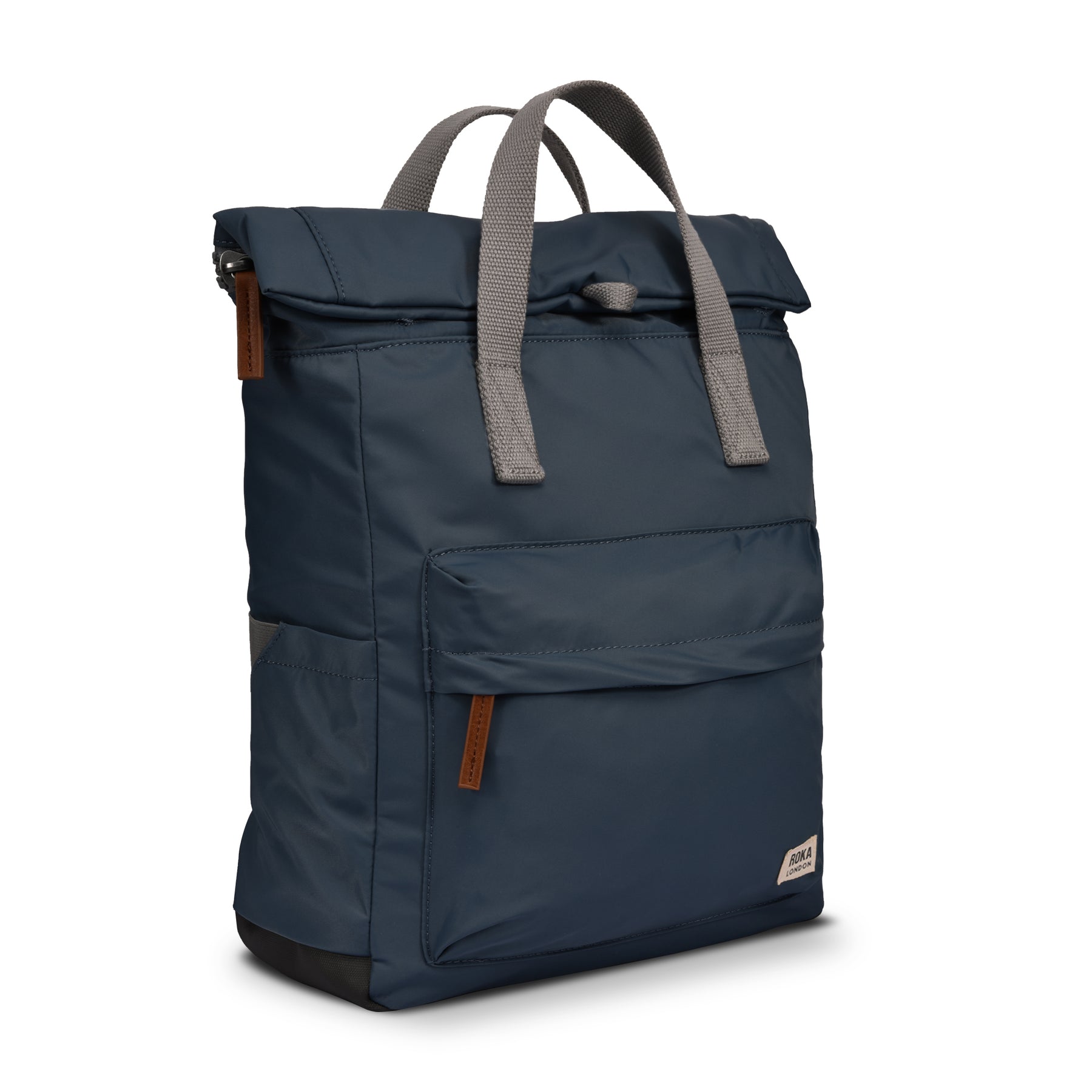 Blue backpack with gray straps on a white background