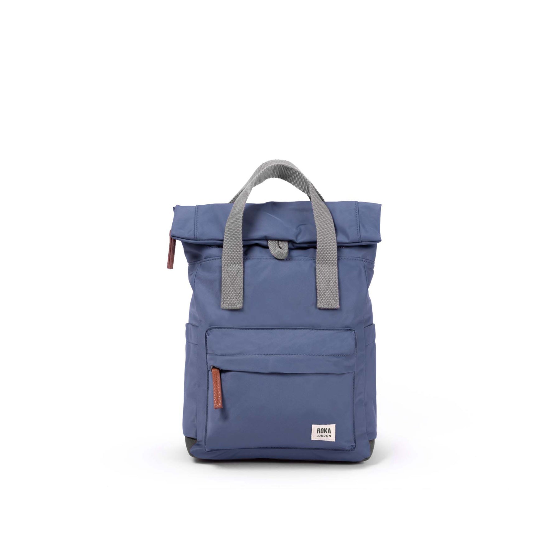 Blue backpack with gray handle on a white background