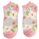 Pair of socks with floral pattern and pink accents on a white background
