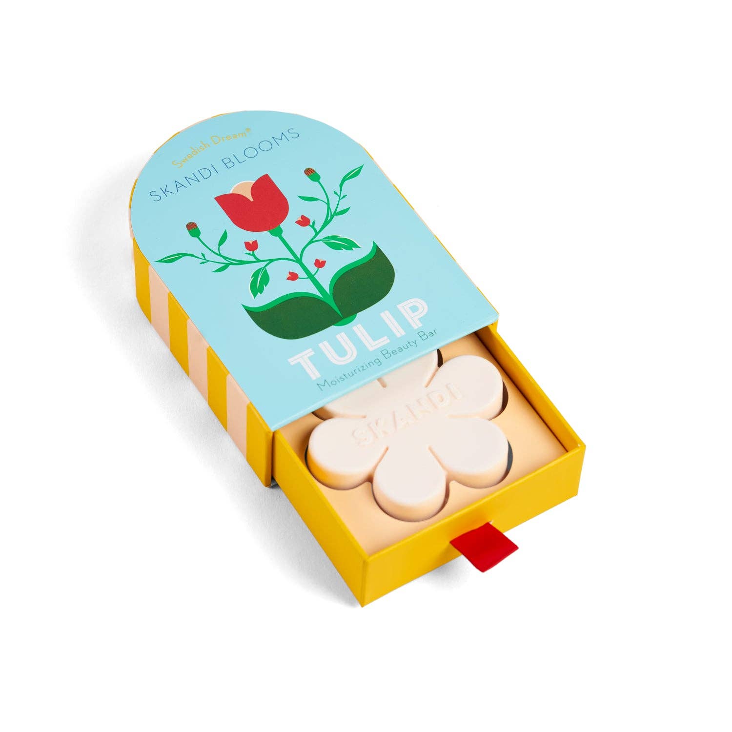Skandi Blooms Tulip packaging opened to reveal a flower shaped soap inside, shown on a white background.