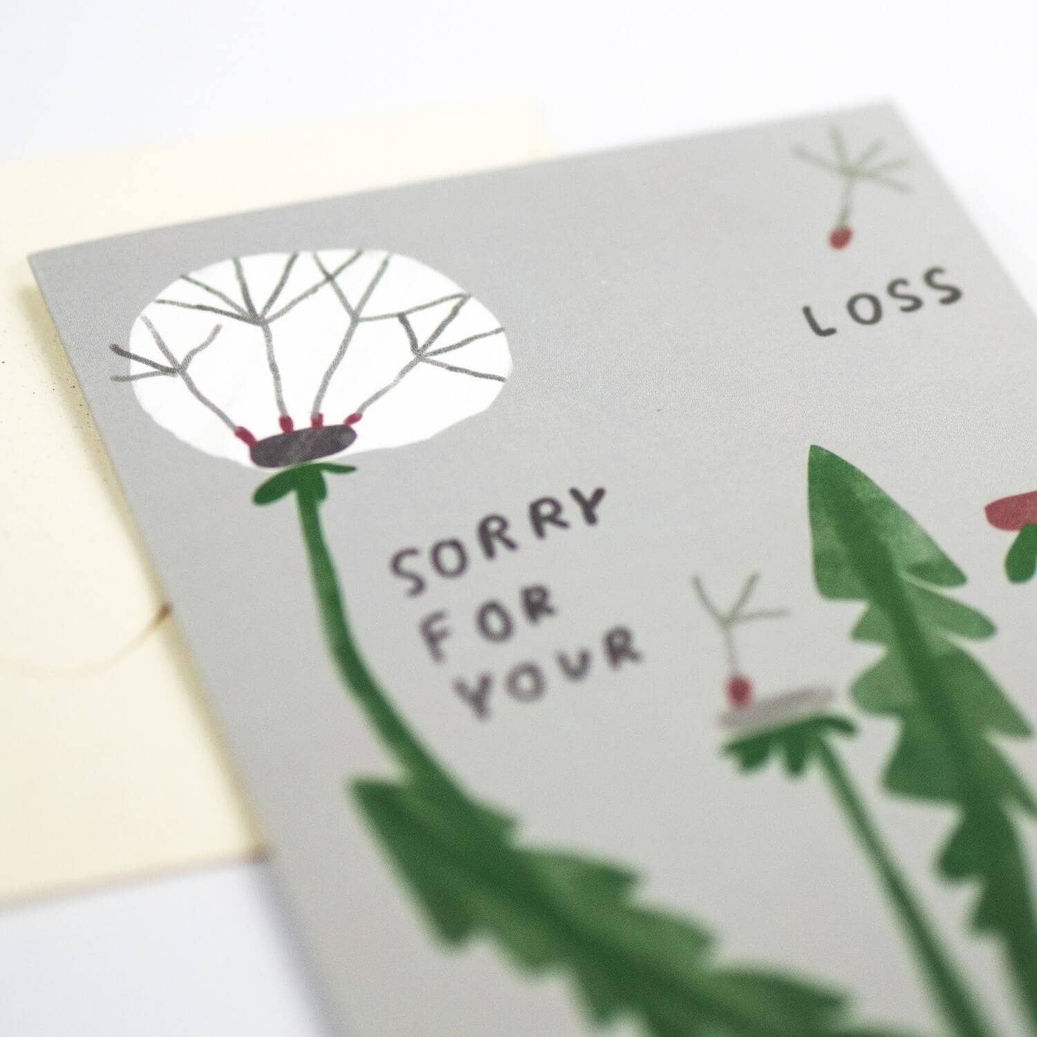 Card with illustrations of dandelion clocks and text 'Sorry for your loss' on a grey background