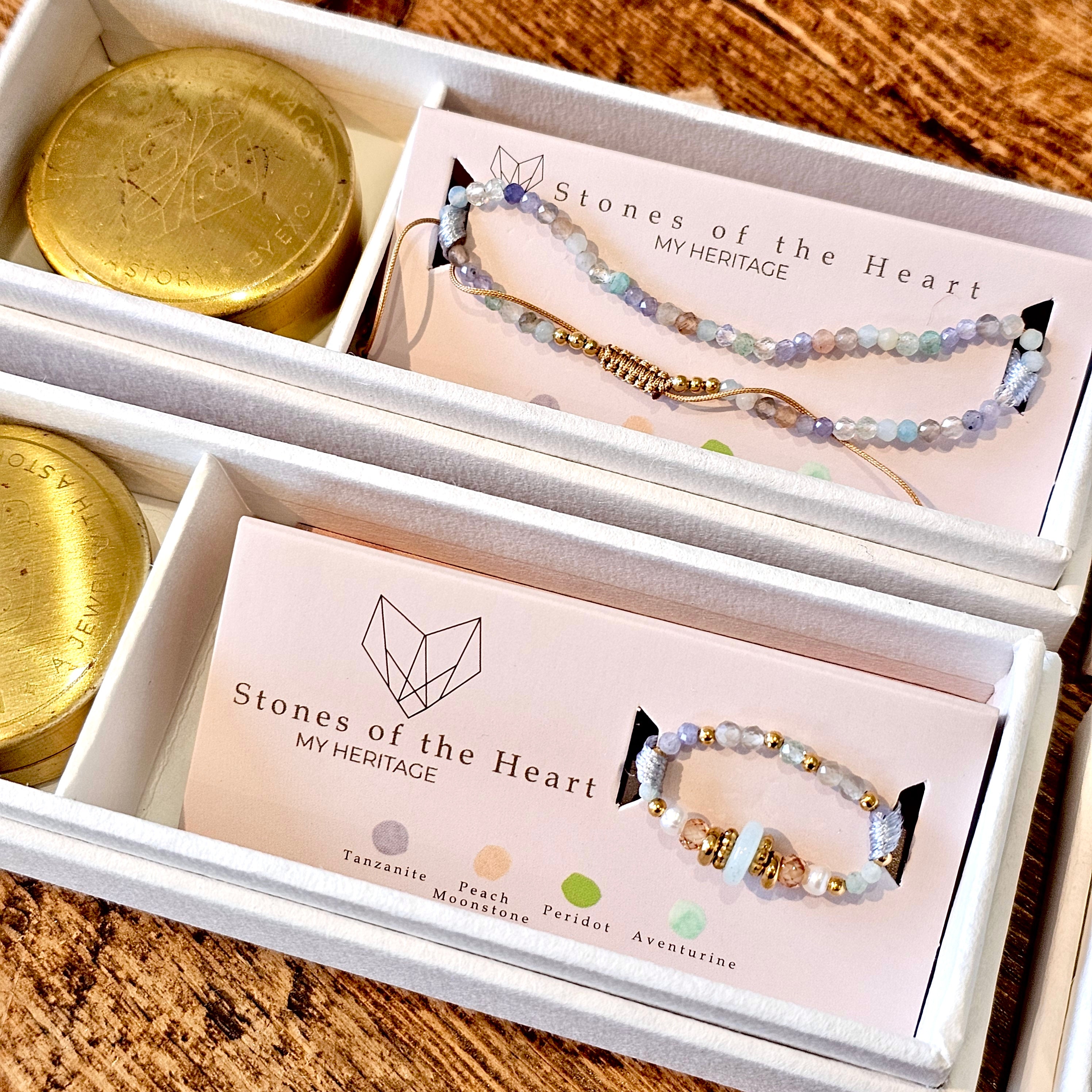 Tanzanite gemstone bracelet and ring with gold travel tin in white presentation boxes