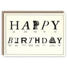 Birthday card with 'Happy Birthday' text in various fonts on a beige background