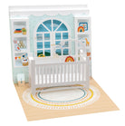 Children's room with a crib, bookshelf, and toys on a white background