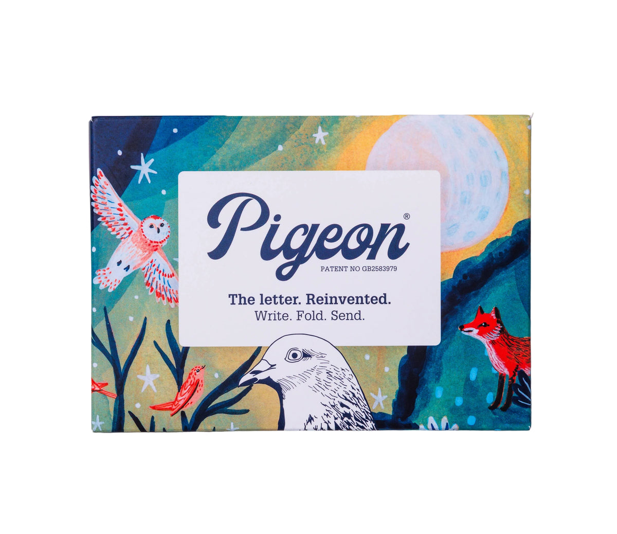 Pigeon letter set packaging with colourful design and 'Pigeon' branding on a grey background