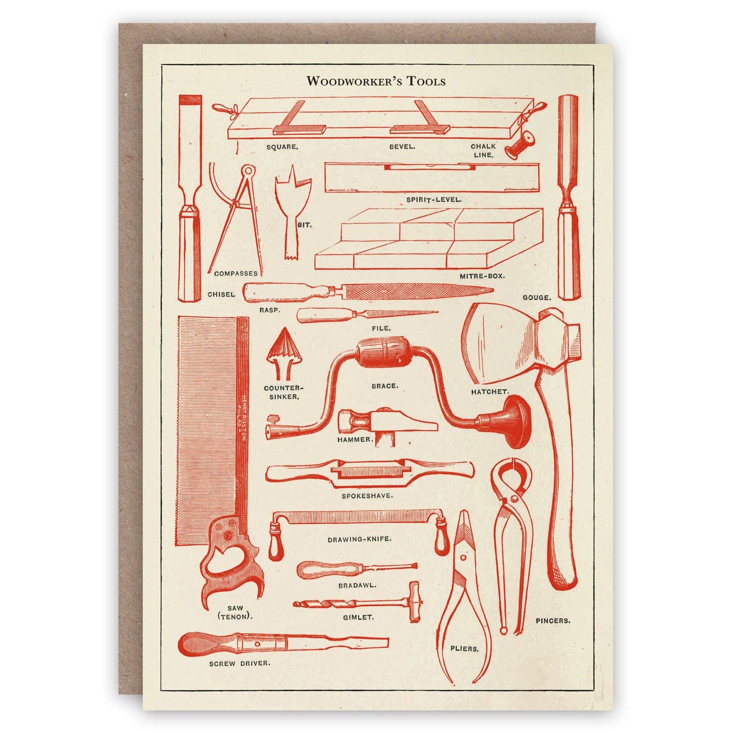 Card with red line drawing of woodworker's tools on a beige background