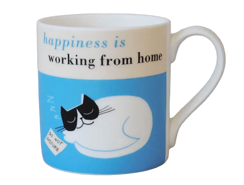 Mug with a cat illustration on a blue background and text 'happiness is working from home' shown displayed on a plain background