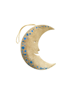 Decorative moon-shaped hanging ornament with blue star patterns on a white background