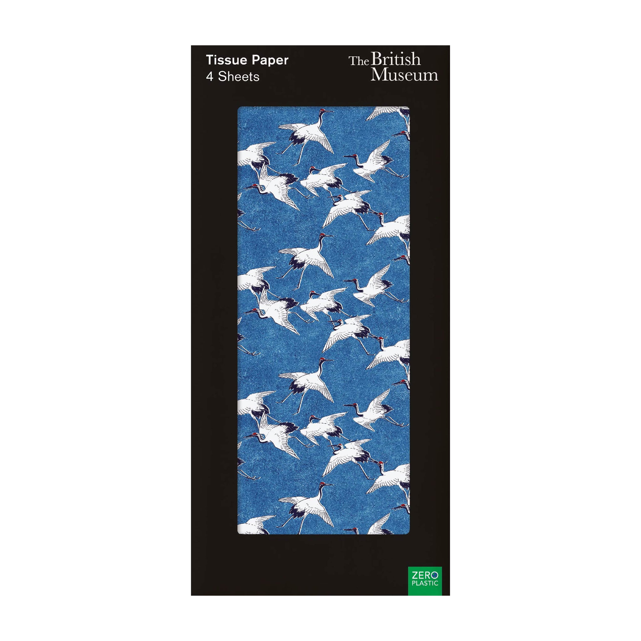 Packaged tissue paper with white crane and blue sky pattern