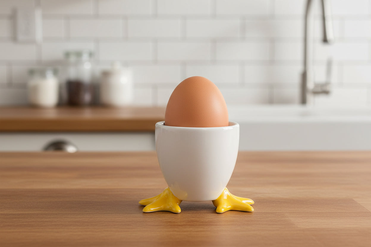 White egg cup with yellow feet holding an egg on a wooden kitchen counter.