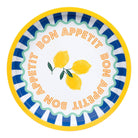 Round plate with 'Bon Appetit' text and lemon design on a white background