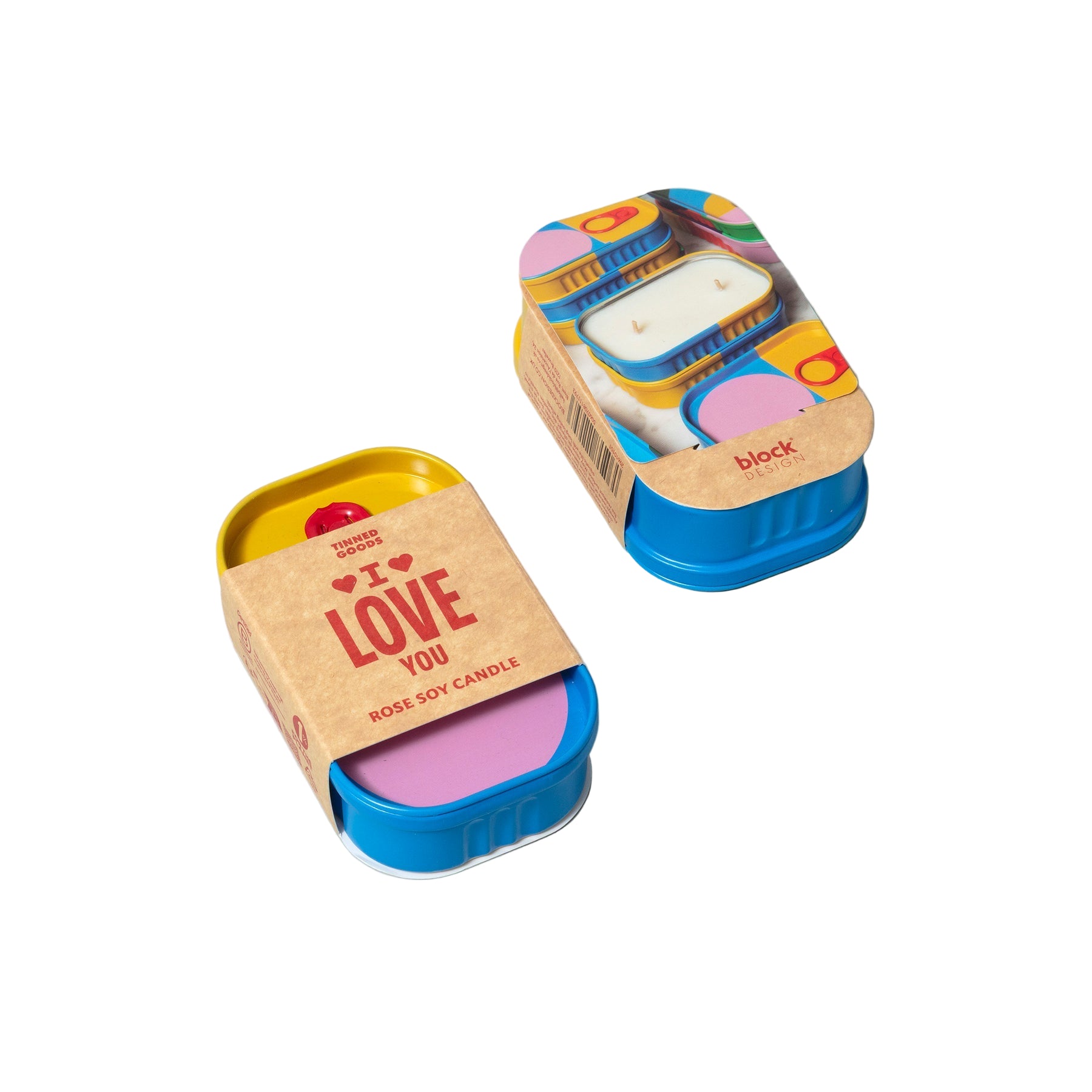 Two small candles in colorful tins with visible branding on a light green background