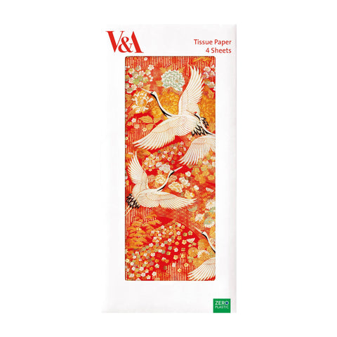 Pack of tissue paper with red and yellow Japanese floral pattern featuring cranes in flight