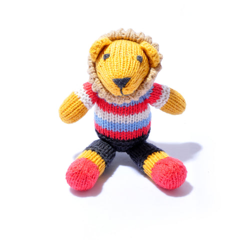 Lion Toddler in Black Red and Blue Stripe Top Soft Toy