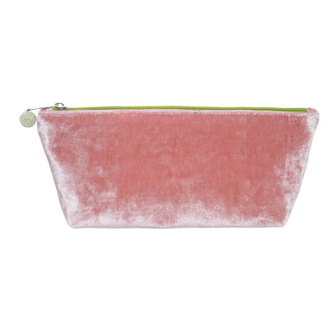 photo of a pale pink velvet pouch with light green zip and beaded zip pull, against a white background