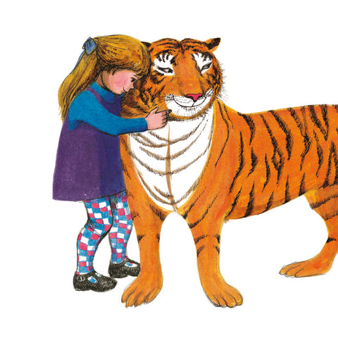 Illustration from the childrens' book, The Tiger Who Came to Tea, featuring a young girl in a purple dress hugging a smiling tiger.