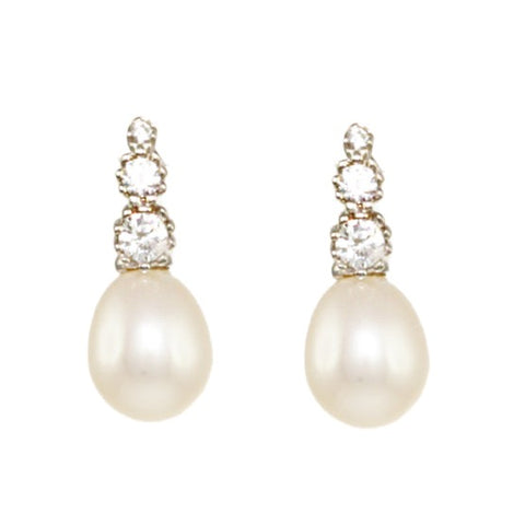 Limited Edition Three CZ Stone with Oval Pearl Drop Earrings
