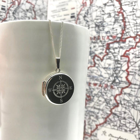 Personalised Round Compass Locket Necklace Sterling Silver